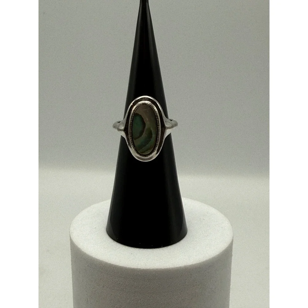Vintage Avon Silver Tone Oval Abalone Shell Inlay Adjustable Ring Size 5